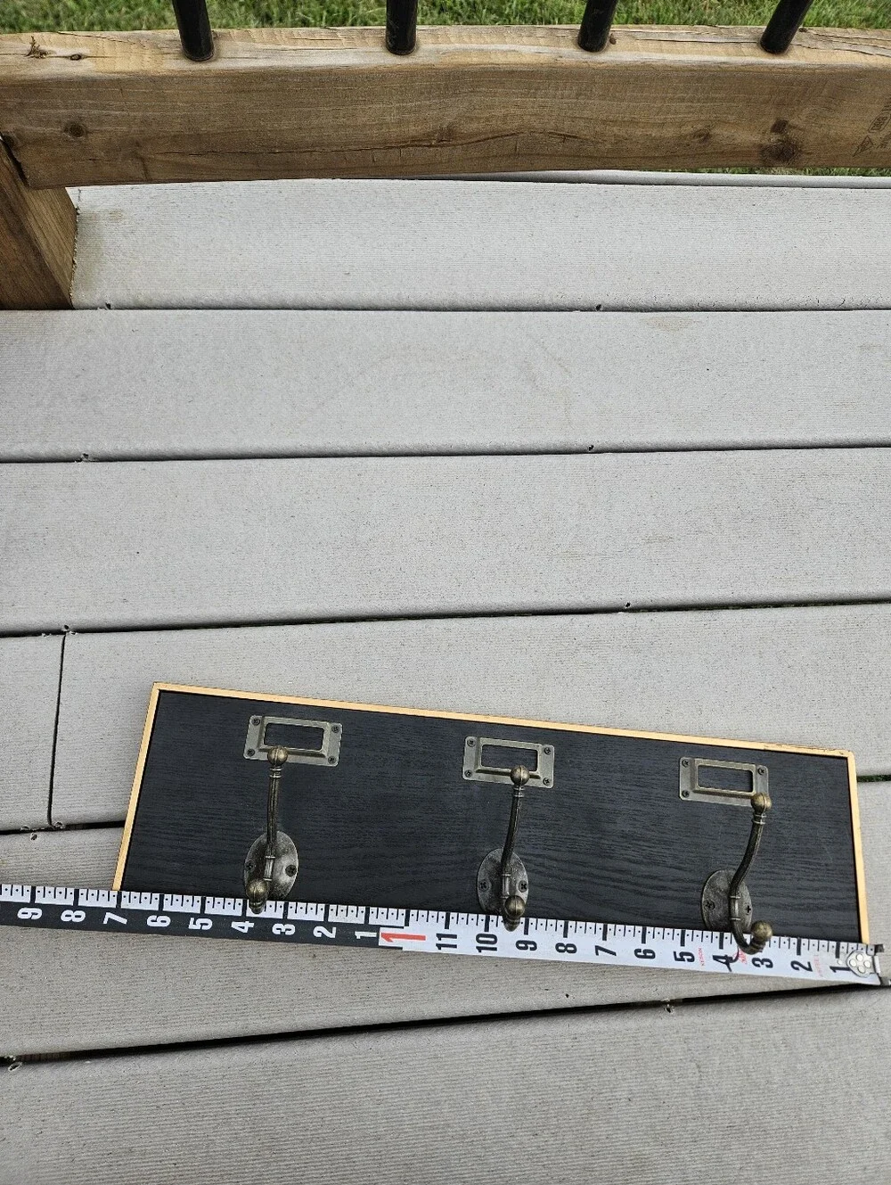 Industrial Farmhouse Wall Coat Rack Vintage Label Holder 3 Hooks Black Wood